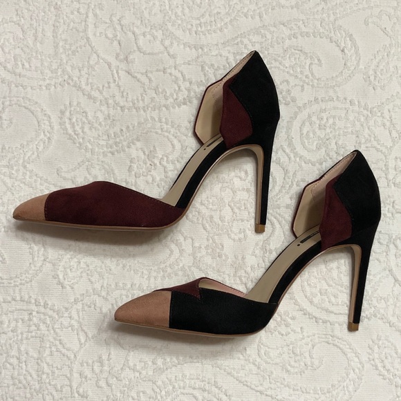 Zara Black and Burgundy Colorblock Heels Size 38/7.5M Pointed Toe 4” Inch Heels - Picture 6 of 11